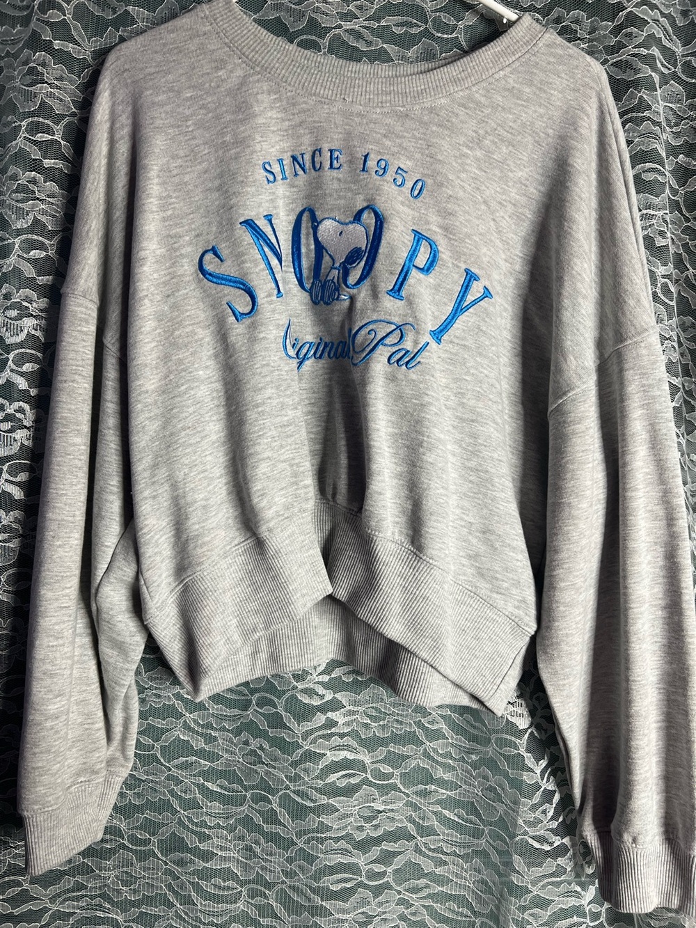 Snoopy Gray and Blue Embroidered Cropped Crewneck Sweater Size XL